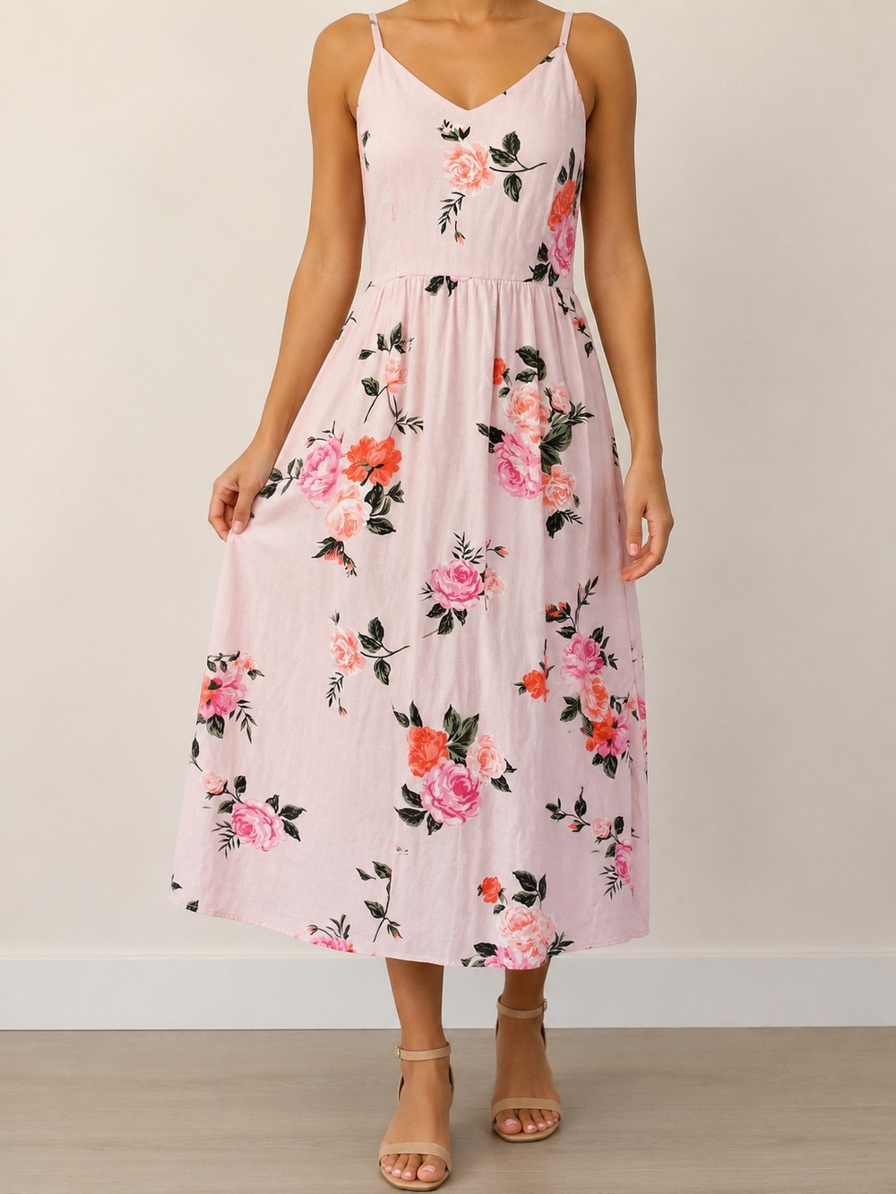 Old Navy Pink Floral Linen Blend Cami Midi Dress Small Cottagecore Summer Sundre